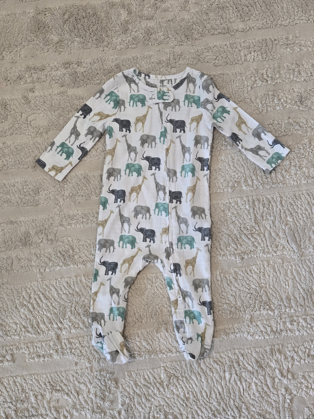 aden + anais White Footed One-Piece with Green, Gray & Tan Safari Animals 6-9m